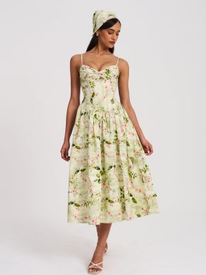 Jacinda Green Floral Print Ruched Breast Linen Midi Dress