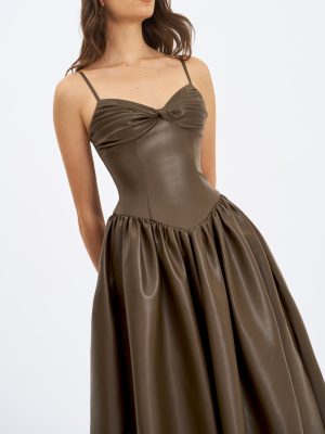 Parisia Cocoa Vegan Leather Drop Waist Maxi Dress