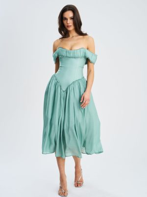 Xavy Teal Green Off Shoulder Corset Midi Dress