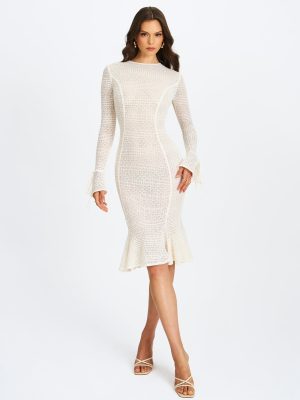 Pamina Beige Crochet Long Sleeve Midi Flare Mermaid Dress