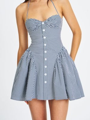 Melody Navy Blue Railroad Stripe Halter Drop Waist Mini Dress