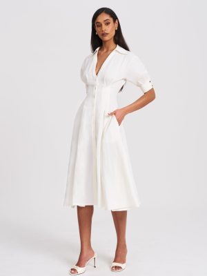 Palina Lyocell Pleated Midi Preppy Shirt Dress
