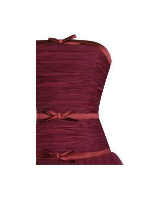 Mabel Burgundy Drop Waist Layered Mesh Midi Puffy Dress with Bow