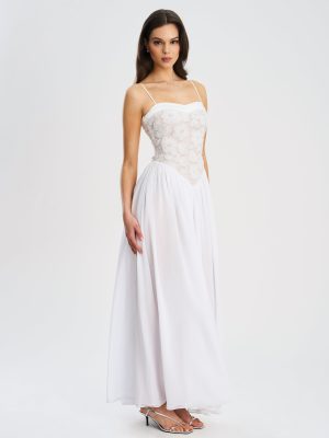 Ucille White Embroidered Chiffon Maxi Dress