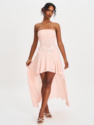 Mae Pink Ruched Breast Appliqué Trim Trailing Dress