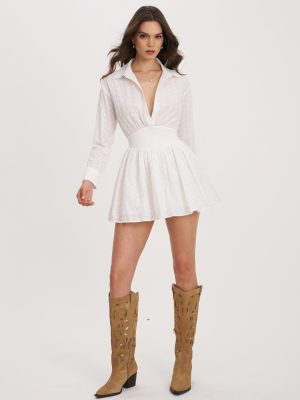 Gabriella White Cotton Eyelet Button Up Long Sleeve Shirt Dress