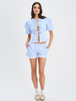 Qusayla Baby Blue Gingham Bubble Sleeve Bowtie Top