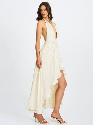 Nalani Floral Ivory Ruffled Halter Maxi Dress
