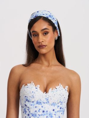 Spring Affair Blue Floral Print Linen Head Scarf