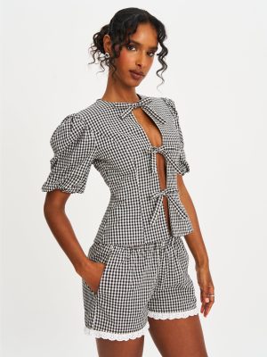 Qusayla Black Gingham Bubble Sleeve Bowtie Top