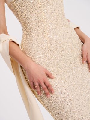 Raizel Gold Beaded Sequin Bodycon Gown with Scarf