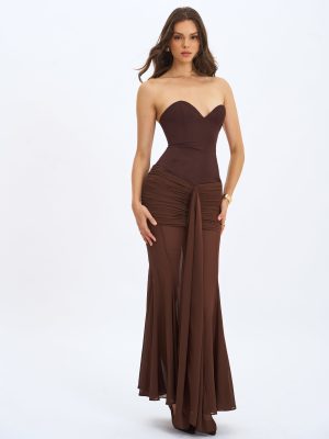 Giovana Espresso Sweetheart Draped Mesh Mermaid Maxi Dress
