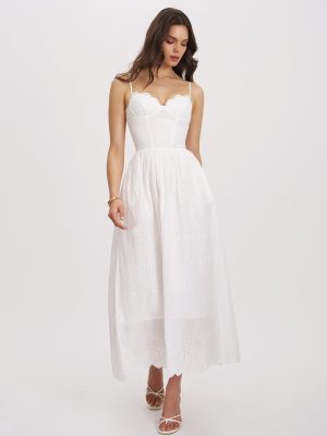 Oberon White Cotton Eyelet Lace-Up Back Maxi Dress
