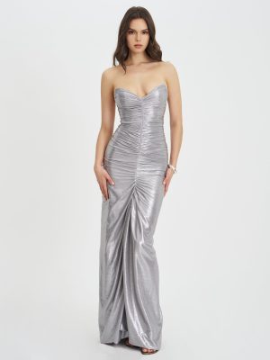 Sable Ruched Silver Glitter Mermaid Gown