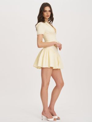 Odelia Yellow Lace Trim Seersucker Button Up Top