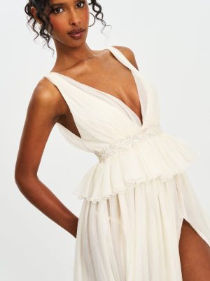 Calleigh Off White Flare Beaded Belt Maxi Gown
