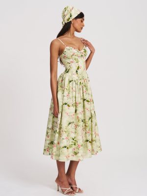 Jacinda Green Floral Print Ruched Breast Linen Midi Dress