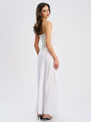 Ucille White Embroidered Chiffon Maxi Dress