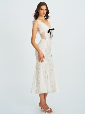 Paola White Peter Pan Collar Beaded Sequin Mermaid Midi Dress