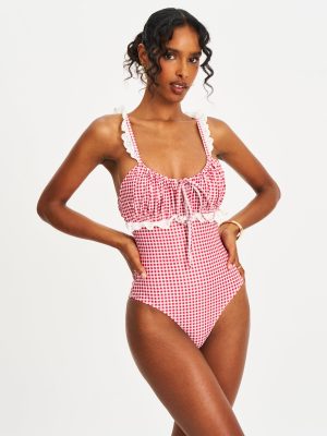 Hallie Red Gingham Lace Backless Swimsuit