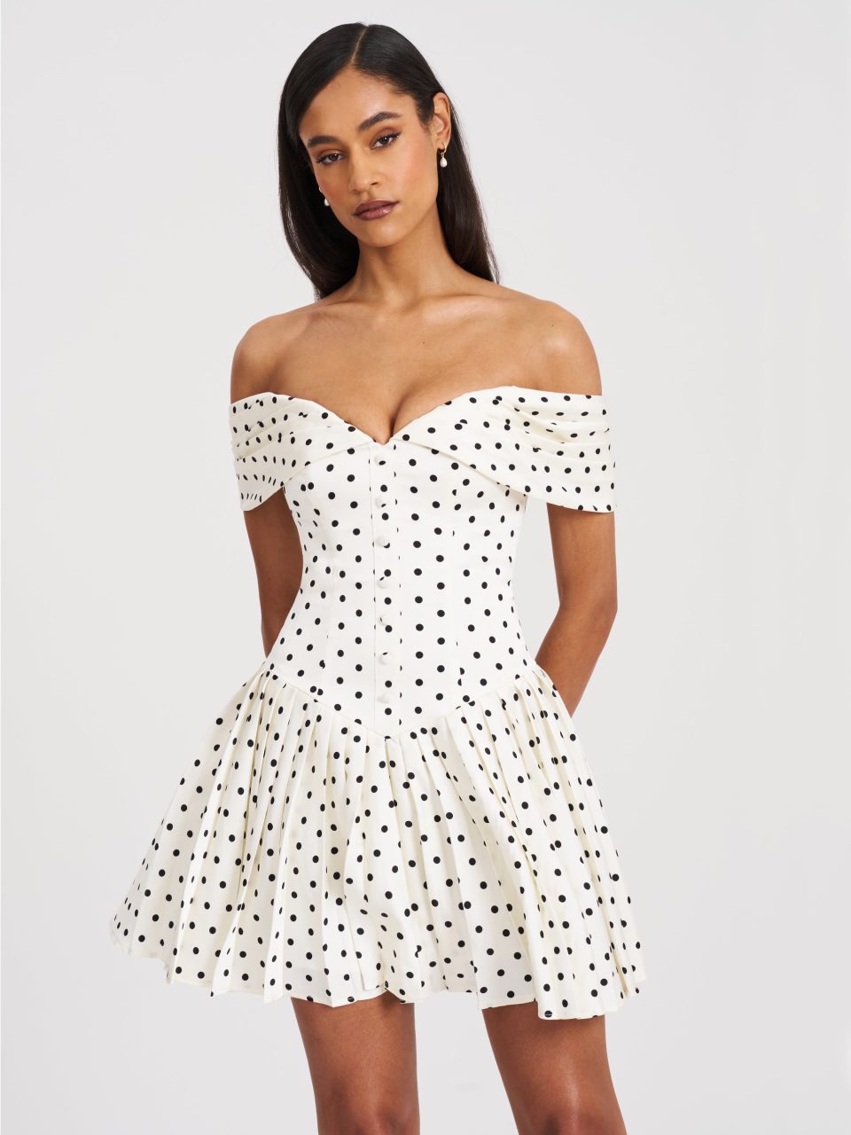 Edeline Polka Dot Off-shoulder Pleated Mini Dress