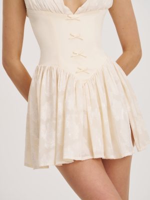Zahara Off White Jacquard Drop Waist Mini Dress