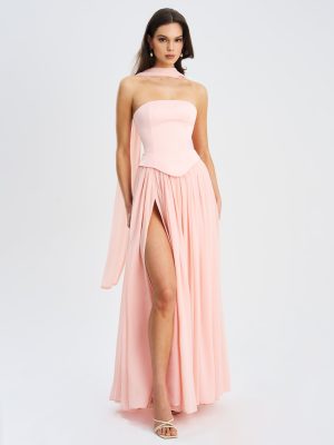 Qianna Baby Pink Peplum Top Drop Waist Chiffon Gown
