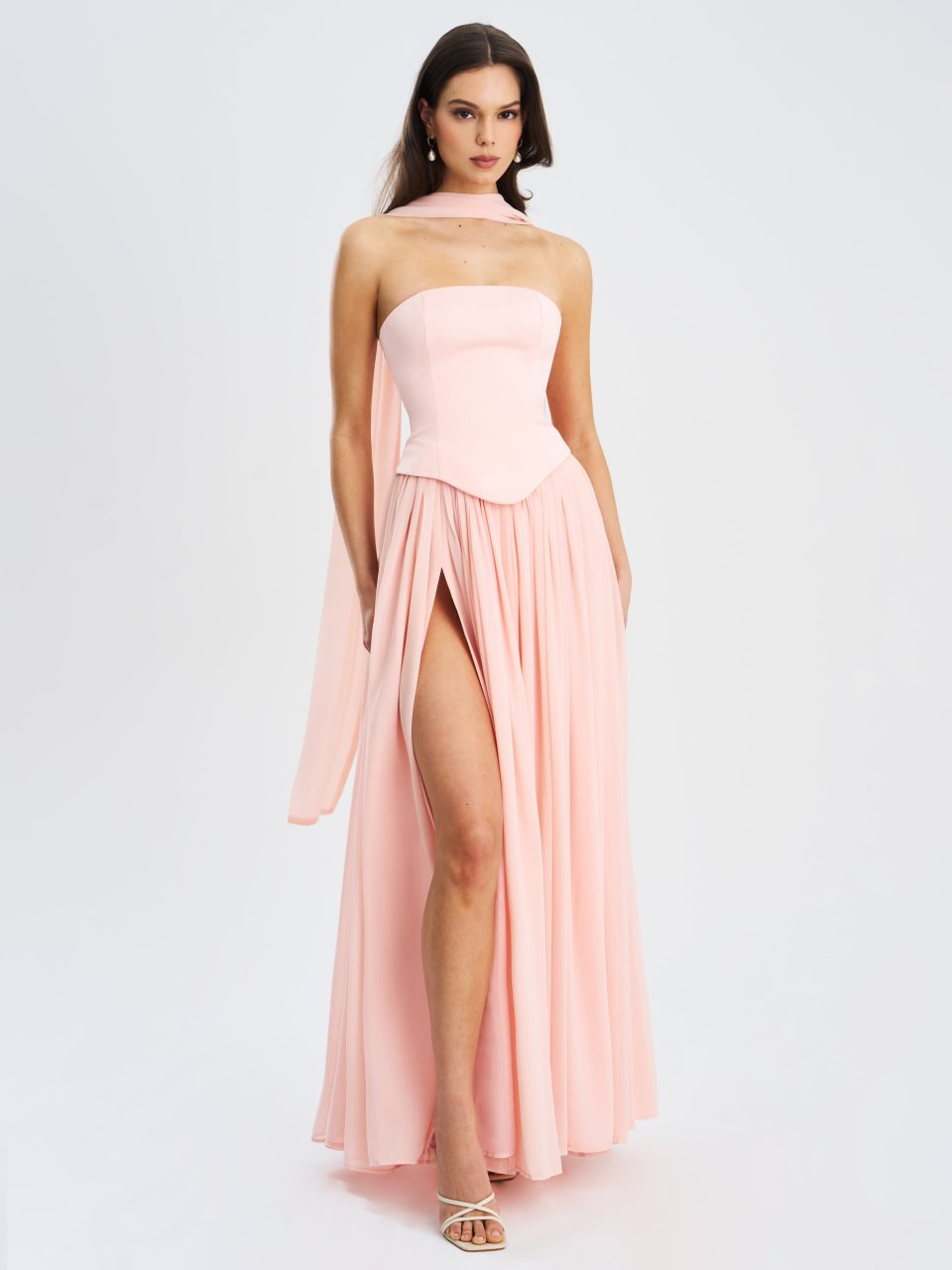 Qianna Baby Pink Peplum Top Drop Waist Chiffon Gown