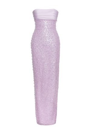 Lainey Purple Satin Sequin Pearls Beaded Maxi Dress