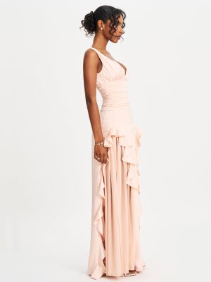 Talyssa Baby Pink Ruched Waist Double High Slit Maxi Gown