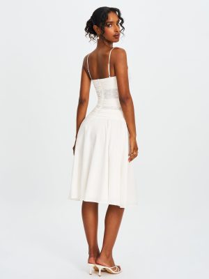 Maelis White Eyelet Drop Waist Cotton Midi Dress