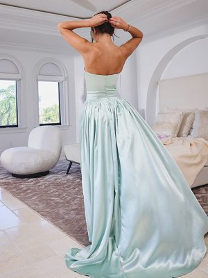 Lael Mint Green Back Button Trailing Gown