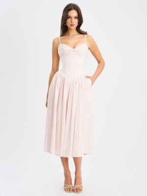 Zania Pink Stripe Ruched Breast Cotton Jacquard Midi Dress