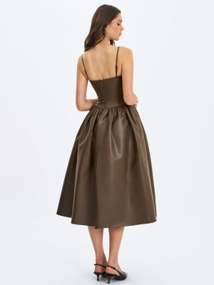 Parisia Cocoa Vegan Leather Drop Waist Maxi Dress