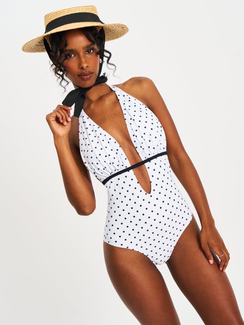 Olive White Base Polka Dot Ruched Breast Halter Backless Swimsuit