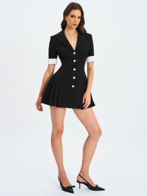 Ilitha Black Woven Crepe Pleated A-Line Mini Dress