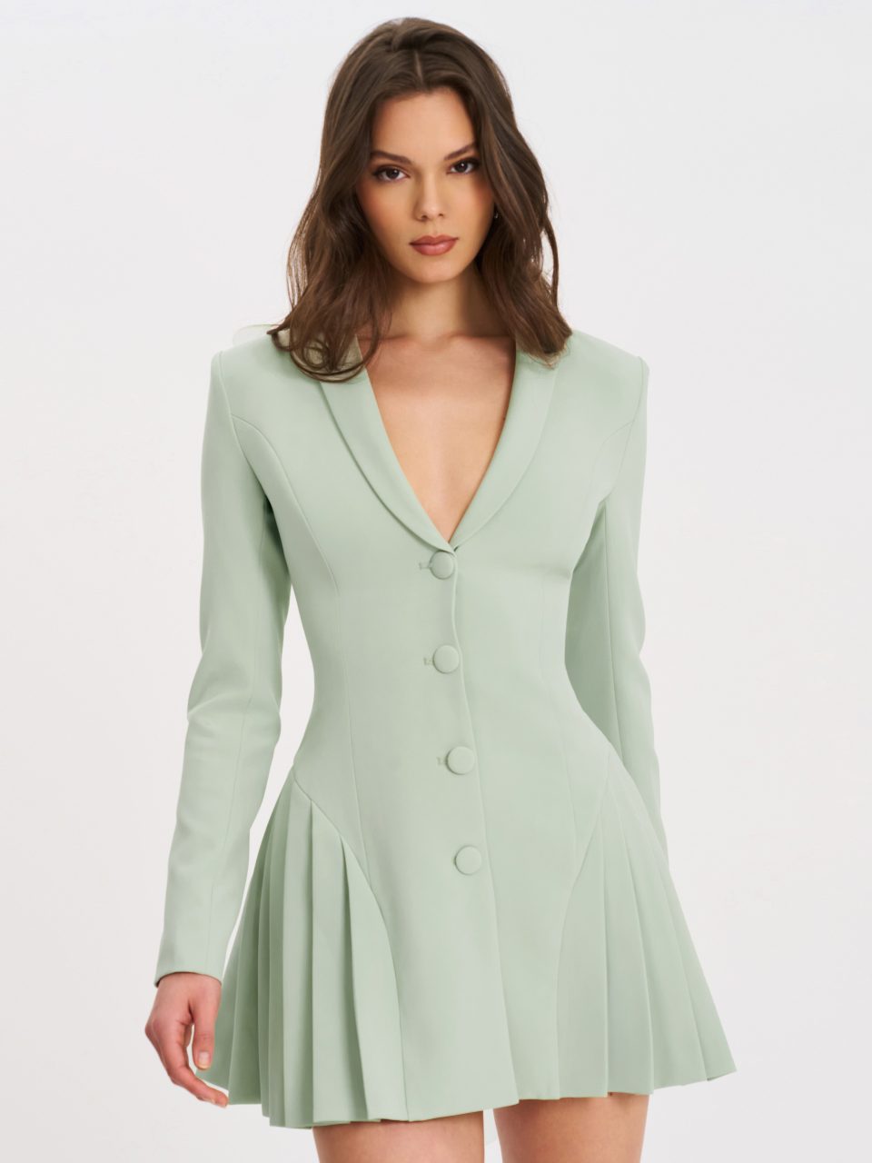 Delia Pistachio Green Blazer Dress with Pleated Detail