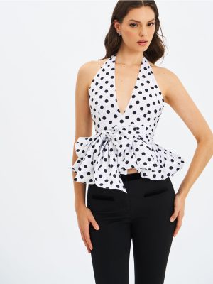 Ilene White and Black Polka Dot Bubble Hem Halter Top