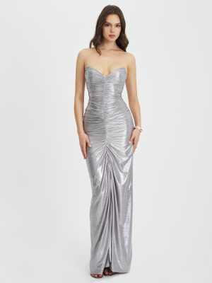 Sable Ruched Silver Glitter Mermaid Gown