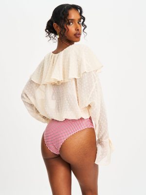 Magali Beige Dotted Mesh Ruffle V Collar Top