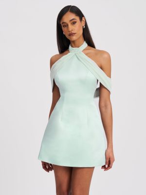 Zafrina Light Cyan Halter Off-shoulder Backless Mini Dress