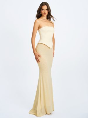 Adelina Butter Yellow Peplum Mermaid Gown with Lace-up Back