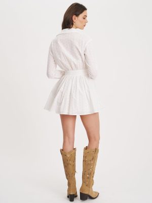 Gabriella White Cotton Eyelet Button Up Long Sleeve Shirt Dress