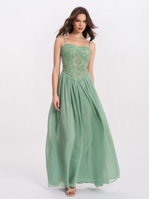 Ucille Sage Green Embroidered Chiffon Maxi Dress