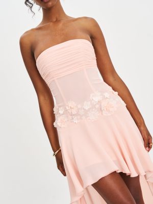 Mae Pink Ruched Breast Appliqué Trim Trailing Dress