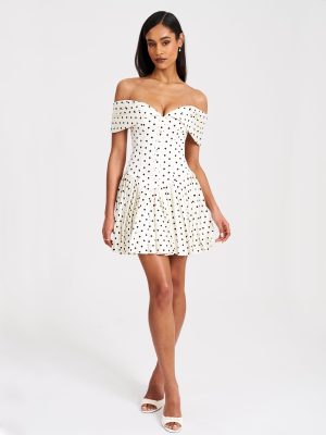 Edeline Polka Dot Off-shoulder Pleated Mini Dress