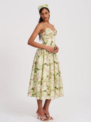 Jacinda Green Floral Print Ruched Breast Linen Midi Dress