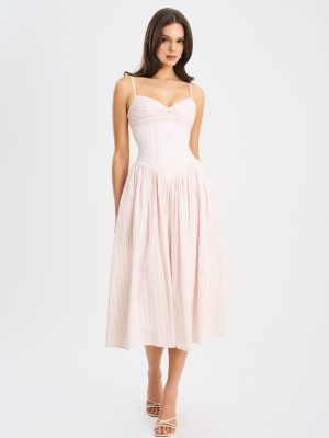 Zania Pink Stripe Ruched Breast Cotton Jacquard Midi Dress