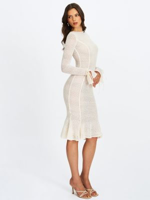 Pamina Beige Crochet Long Sleeve Midi Flare Mermaid Dress