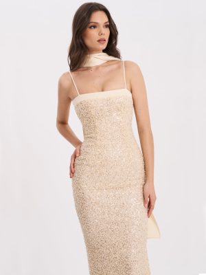 Raizel Gold Beaded Sequin Bodycon Gown with Scarf